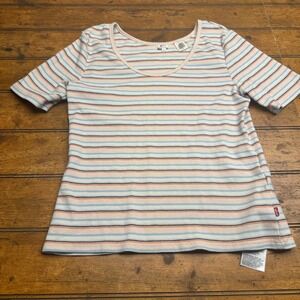 Levi's‎ Striped Ribbed Scoop Neck T Shirt Women L Light Pink Blue Orange Y2K